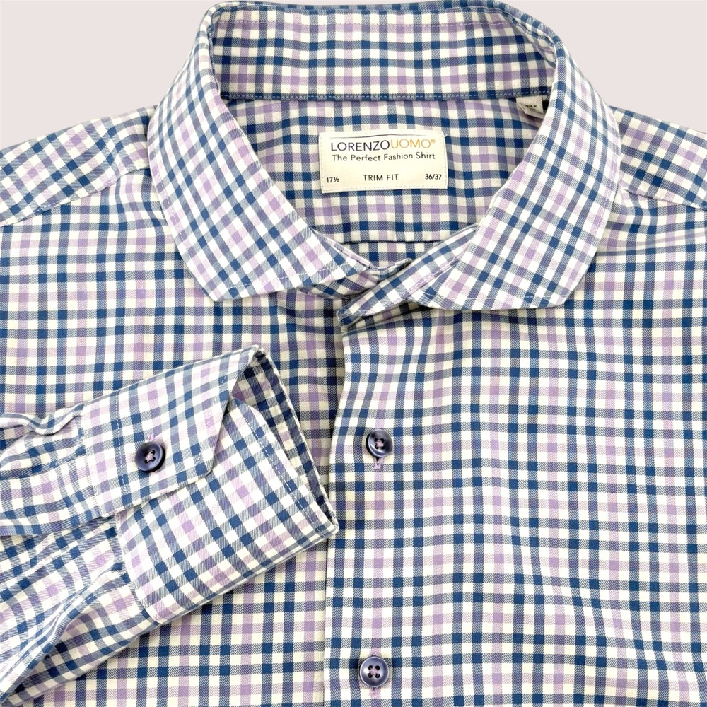 Lorenzo‎ Uomo Trim Fit Gingham Dress Shirt Men 17.5 36/37 Blue Purple White